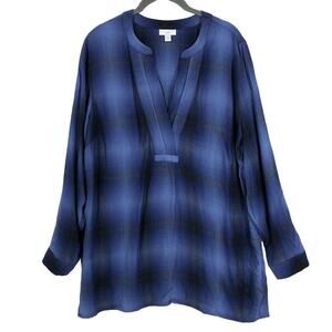 J.Jill Flannel Top Tunic Womens Medium Blue Black Plaid V-Neck Long Sleeve Rayon